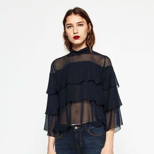 Zara Navy Tiered Sheer Ruffle Blouse, XS